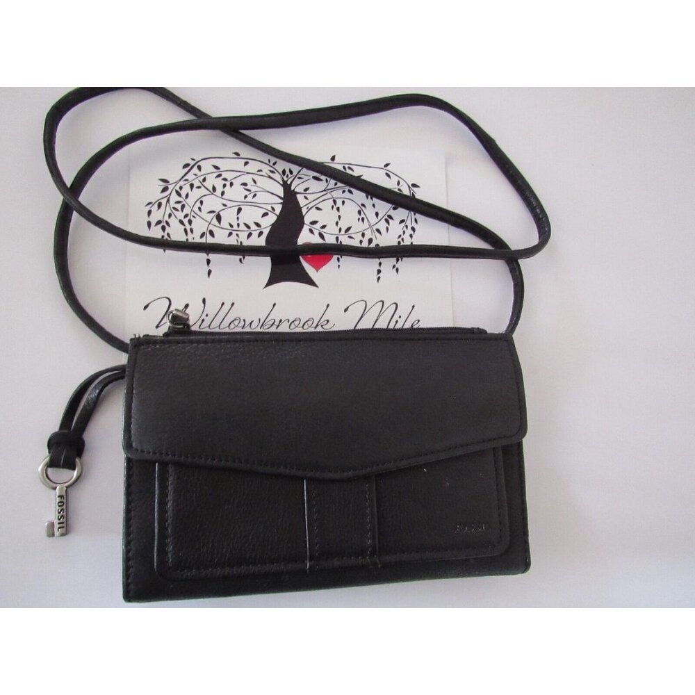 Vintage ~ FOSSIL Black Leather Wallet Crossbody Small Bag Purse Organizer ~ WFob
